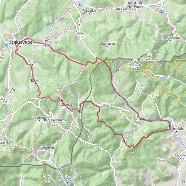 Miniaturní mapa "Cyklostezka Pitín - příroda a relax" inspirace pro cyklisty v oblasti Střední Morava, Czech Republic. Vytvořeno pomocí plánovače tras Tarmacs.app