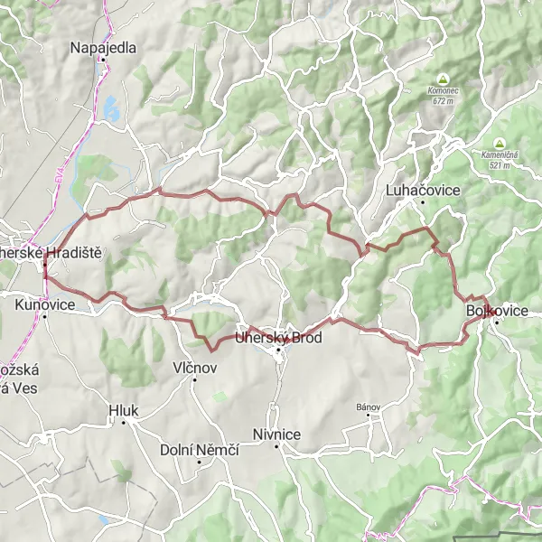 Map miniature of "The Gravel Adventure" cycling inspiration in Střední Morava, Czech Republic. Generated by Tarmacs.app cycling route planner