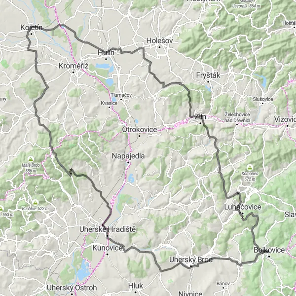 Miniaturní mapa "Okolím Bojkovic - zemědělská krajina a historie" inspirace pro cyklisty v oblasti Střední Morava, Czech Republic. Vytvořeno pomocí plánovače tras Tarmacs.app