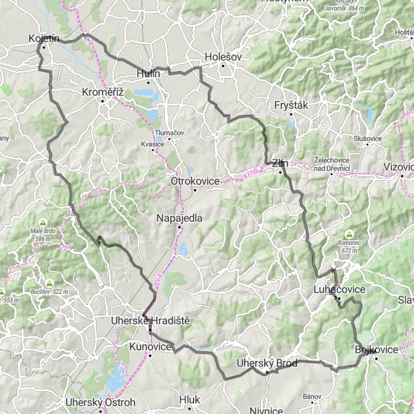 Map miniature of "The Road Warrior" cycling inspiration in Střední Morava, Czech Republic. Generated by Tarmacs.app cycling route planner