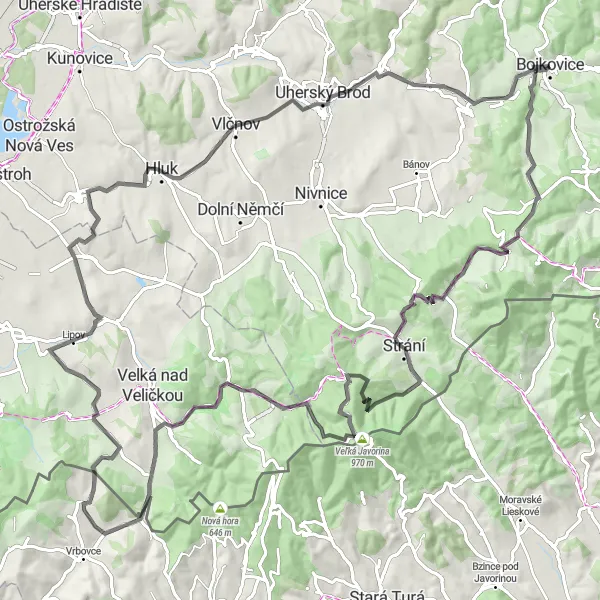 Map miniature of "Climbing Expedition: The Javorina Circuit" cycling inspiration in Střední Morava, Czech Republic. Generated by Tarmacs.app cycling route planner