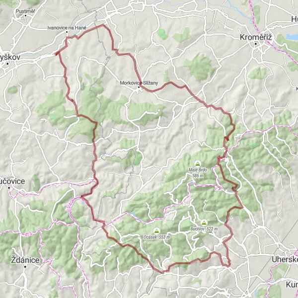 Miniatura mapy "Wycieczka gravelowa w Střední Morava" - trasy rowerowej w Střední Morava, Czech Republic. Wygenerowane przez planer tras rowerowych Tarmacs.app