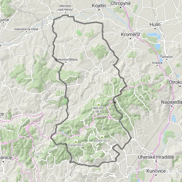 Map miniature of "Explore the Countryside of Nezamyslice" cycling inspiration in Střední Morava, Czech Republic. Generated by Tarmacs.app cycling route planner