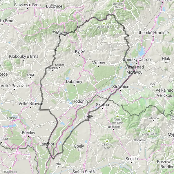 Karten-Miniaturansicht der Radinspiration "Vnorovy und Moravský Žižkov" in Střední Morava, Czech Republic. Erstellt vom Tarmacs.app-Routenplaner für Radtouren