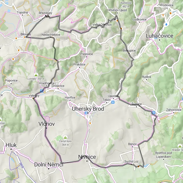 Miniaturní mapa "Road Trasa od Částkov" inspirace pro cyklisty v oblasti Střední Morava, Czech Republic. Vytvořeno pomocí plánovače tras Tarmacs.app