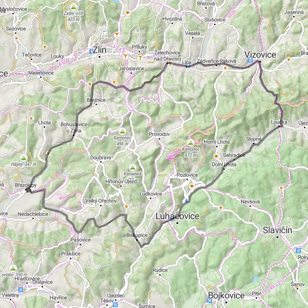 Karten-Miniaturansicht der Radinspiration "Březolupy - Luhačovice Radtour" in Střední Morava, Czech Republic. Erstellt vom Tarmacs.app-Routenplaner für Radtouren