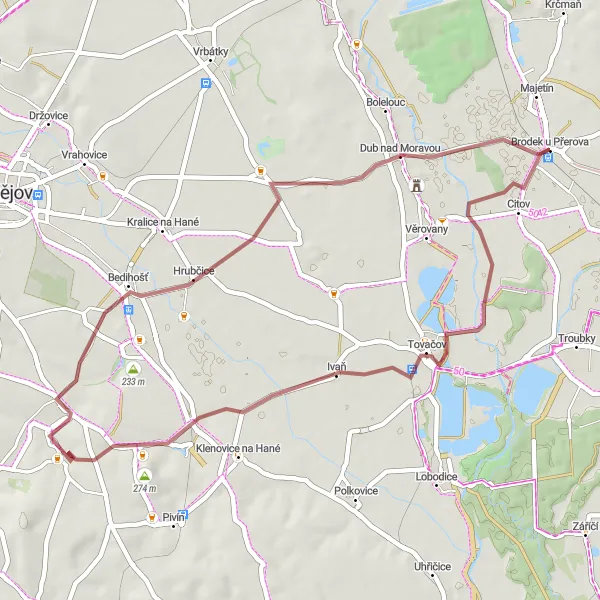 Miniaturní mapa "Gravelová cyklotrasa skrze přírodu" inspirace pro cyklisty v oblasti Střední Morava, Czech Republic. Vytvořeno pomocí plánovače tras Tarmacs.app