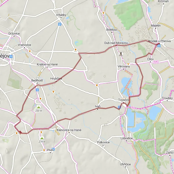 Mapa miniatúra "Gravelový okruh kolem Brodku u Přerova" cyklistická inšpirácia v Střední Morava, Czech Republic. Vygenerované cyklistickým plánovačom trás Tarmacs.app