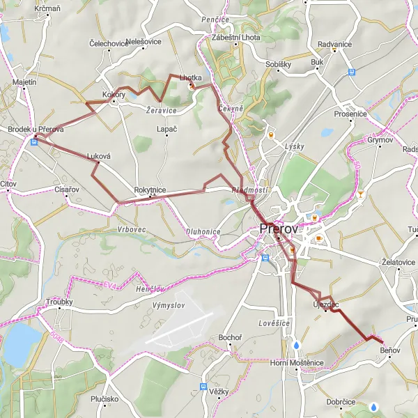 Mapa miniatúra "Gravelová trasa okolo Přerova" cyklistická inšpirácia v Střední Morava, Czech Republic. Vygenerované cyklistickým plánovačom trás Tarmacs.app