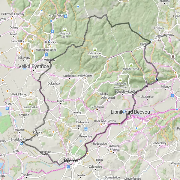 Miniaturní mapa "Okruh kolem Brodku u Přerova" inspirace pro cyklisty v oblasti Střední Morava, Czech Republic. Vytvořeno pomocí plánovače tras Tarmacs.app