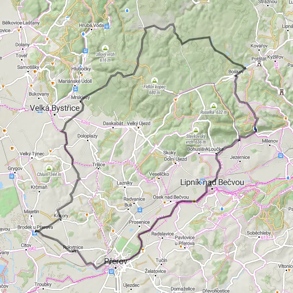 Karten-Miniaturansicht der Radinspiration "Roadbiking-Abenteuer durch Střední Morava" in Střední Morava, Czech Republic. Erstellt vom Tarmacs.app-Routenplaner für Radtouren