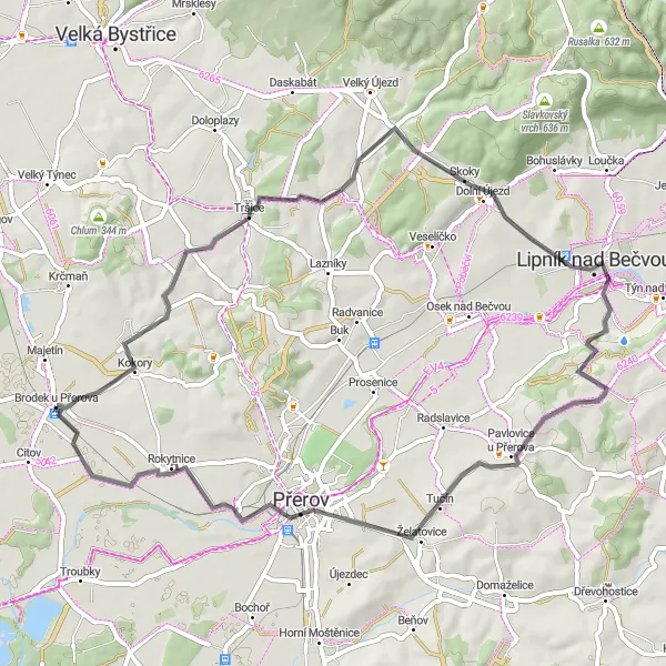 Miniaturní mapa "Prozkoumání venkovského Přerova" inspirace pro cyklisty v oblasti Střední Morava, Czech Republic. Vytvořeno pomocí plánovače tras Tarmacs.app