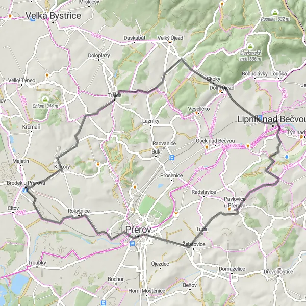 Mapa miniatúra "Okruh cez Hlinsko a Dluhonice" cyklistická inšpirácia v Střední Morava, Czech Republic. Vygenerované cyklistickým plánovačom trás Tarmacs.app