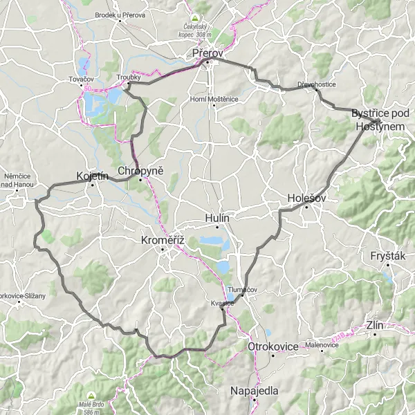 Map miniature of "Through the Valleys and Hills" cycling inspiration in Střední Morava, Czech Republic. Generated by Tarmacs.app cycling route planner