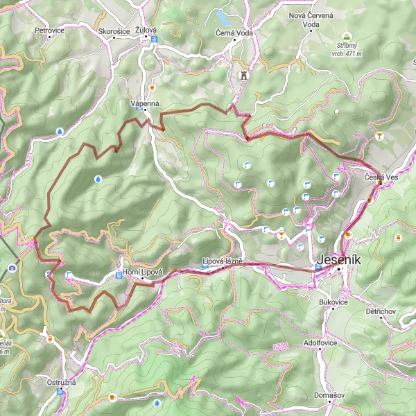 Miniaturní mapa "Gravel Okruh kolem České Vsi" inspirace pro cyklisty v oblasti Střední Morava, Czech Republic. Vytvořeno pomocí plánovače tras Tarmacs.app