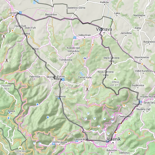 Map miniature of "Thrilling Road Cycling Expedition near Česká Ves" cycling inspiration in Střední Morava, Czech Republic. Generated by Tarmacs.app cycling route planner