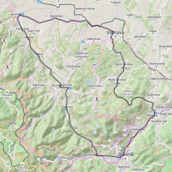 Miniaturní mapa "Okružní cyklotrasa okolo České Vsi" inspirace pro cyklisty v oblasti Střední Morava, Czech Republic. Vytvořeno pomocí plánovače tras Tarmacs.app