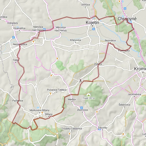 Miniaturní mapa "Okolo Chropyně až do Kojetína" inspirace pro cyklisty v oblasti Střední Morava, Czech Republic. Vytvořeno pomocí plánovače tras Tarmacs.app