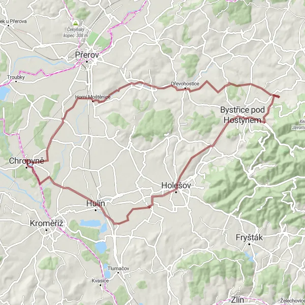 Miniaturní mapa "Gravelová výprava kolem Chropyně a Hulína" inspirace pro cyklisty v oblasti Střední Morava, Czech Republic. Vytvořeno pomocí plánovače tras Tarmacs.app