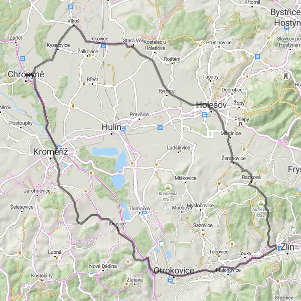 Miniaturní mapa "Přírodní balada kolem Chropyně" inspirace pro cyklisty v oblasti Střední Morava, Czech Republic. Vytvořeno pomocí plánovače tras Tarmacs.app