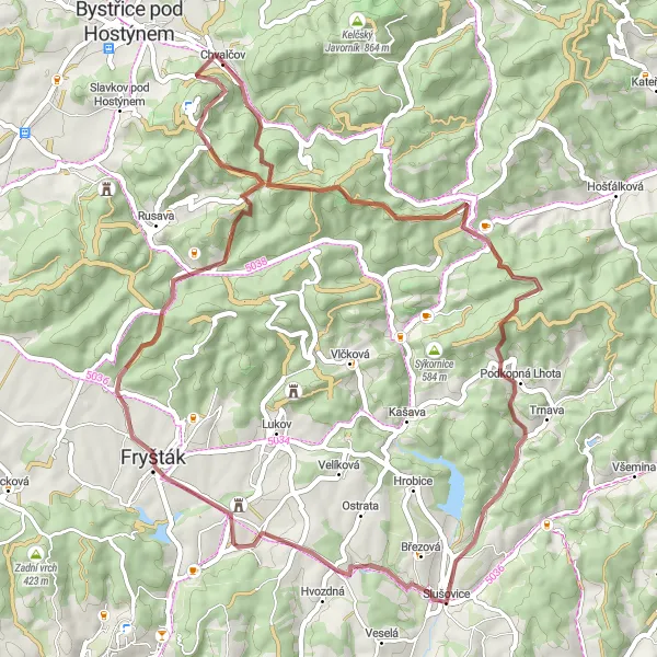 Miniaturní mapa "Daleká cesta kolem Chvalčova" inspirace pro cyklisty v oblasti Střední Morava, Czech Republic. Vytvořeno pomocí plánovače tras Tarmacs.app