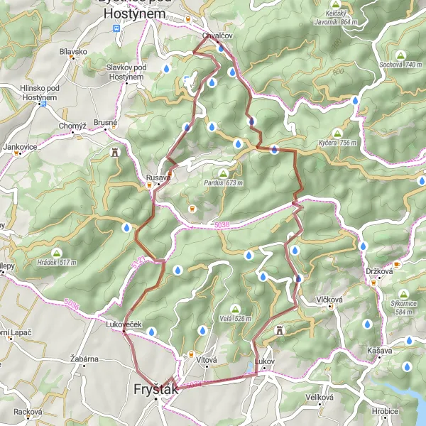 Miniatura mapy "Trasa Gravel: Chvalčov - Hostýn" - trasy rowerowej w Střední Morava, Czech Republic. Wygenerowane przez planer tras rowerowych Tarmacs.app