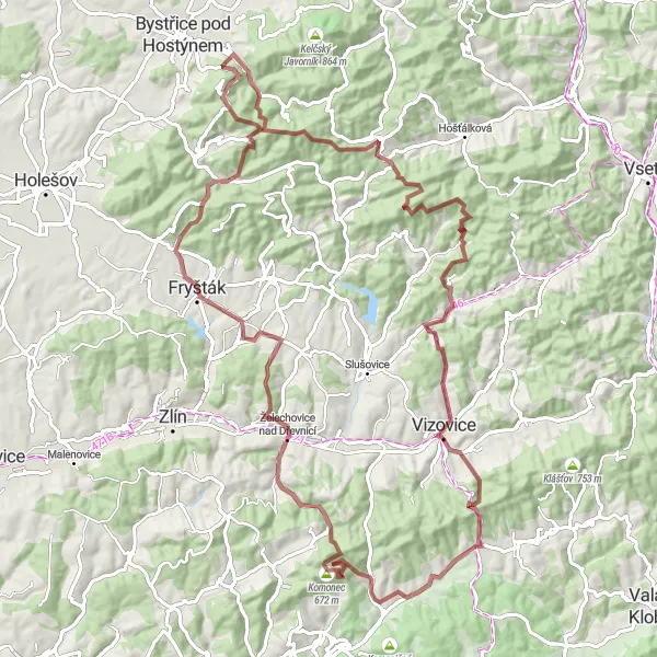 Map miniature of "The Chvalčov Gravel Adventure" cycling inspiration in Střední Morava, Czech Republic. Generated by Tarmacs.app cycling route planner