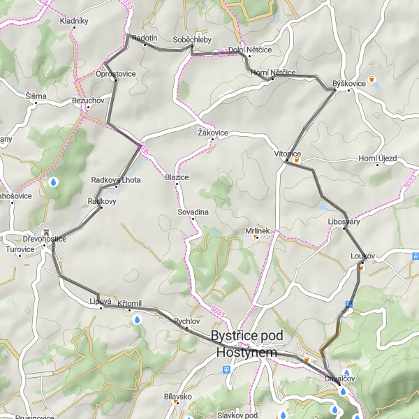 Miniaturní mapa "Příjemný okruh přes Horní Nětčice a Radkovu Lhotu" inspirace pro cyklisty v oblasti Střední Morava, Czech Republic. Vytvořeno pomocí plánovače tras Tarmacs.app