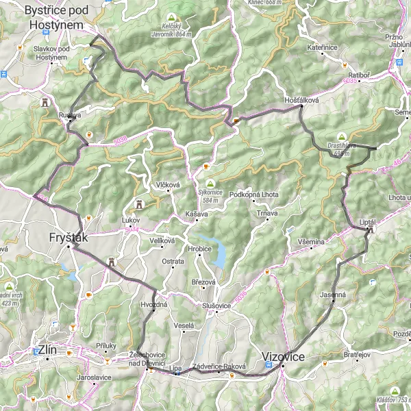 Miniatura mapy "Wyzwanie górskie w Střední Morava" - trasy rowerowej w Střední Morava, Czech Republic. Wygenerowane przez planer tras rowerowych Tarmacs.app