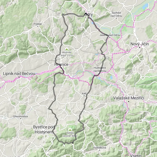 Miniaturní mapa "Náročný okruh přes Loukov a Teplice nad Bečvou" inspirace pro cyklisty v oblasti Střední Morava, Czech Republic. Vytvořeno pomocí plánovače tras Tarmacs.app