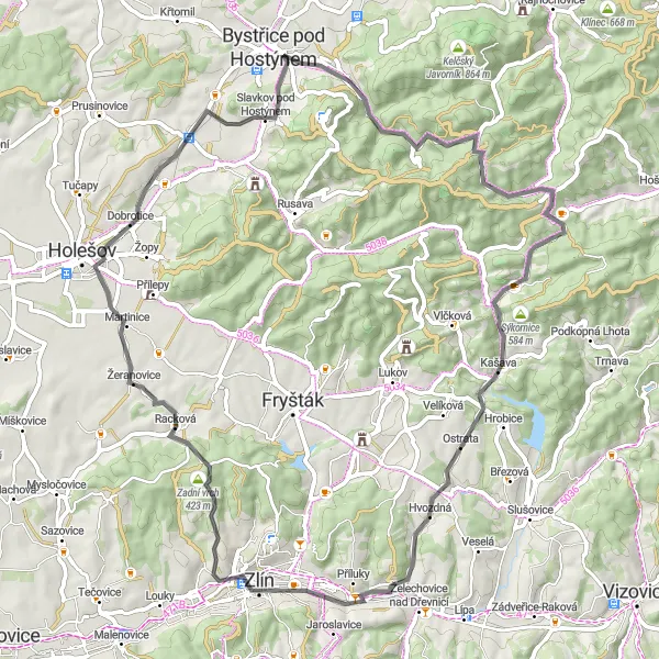 Map miniature of "Chvalčov - Tesák" cycling inspiration in Střední Morava, Czech Republic. Generated by Tarmacs.app cycling route planner