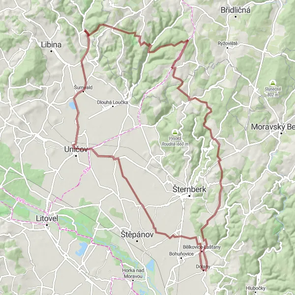 Miniaturní mapa "Gravelový výlet kolem Dolan" inspirace pro cyklisty v oblasti Střední Morava, Czech Republic. Vytvořeno pomocí plánovače tras Tarmacs.app