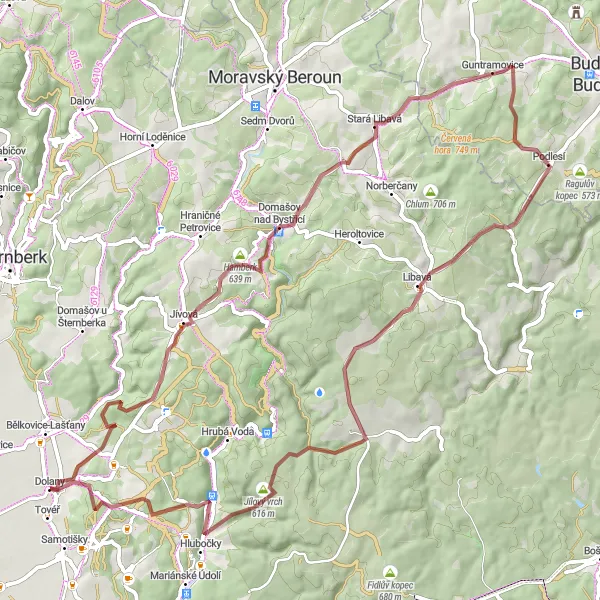 Map miniature of "Challenging Gravel Loop: Jedová to Posluchovské vodopády" cycling inspiration in Střední Morava, Czech Republic. Generated by Tarmacs.app cycling route planner