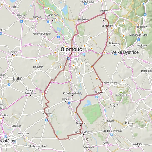 Miniaturní mapa "Gravelová výprava kolem Svatého Kopečku" inspirace pro cyklisty v oblasti Střední Morava, Czech Republic. Vytvořeno pomocí plánovače tras Tarmacs.app