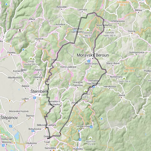 Miniaturní mapa "Cyklistická výprava po okolí Šternberka" inspirace pro cyklisty v oblasti Střední Morava, Czech Republic. Vytvořeno pomocí plánovače tras Tarmacs.app