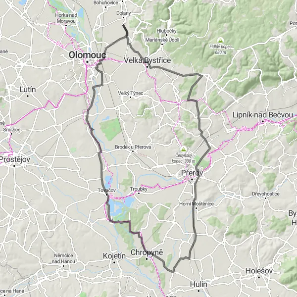 Map miniature of "Scenic Road Adventure: Kocourovec to Tovéř" cycling inspiration in Střední Morava, Czech Republic. Generated by Tarmacs.app cycling route planner