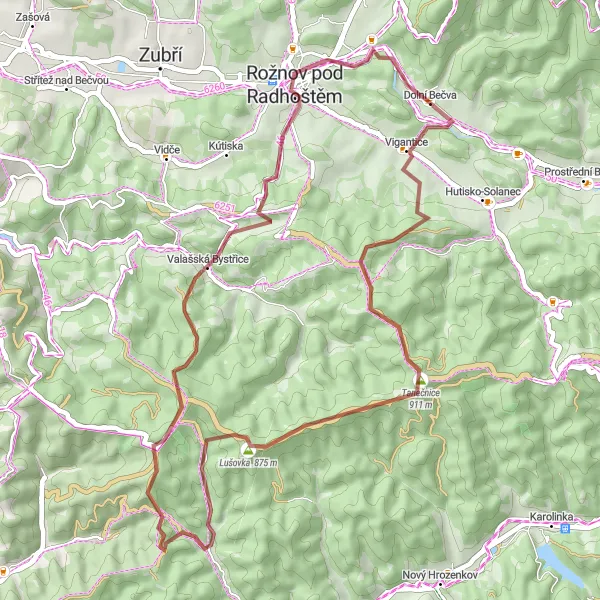 Miniaturní mapa "Gravel Route to Dolní Bečva" inspirace pro cyklisty v oblasti Střední Morava, Czech Republic. Vytvořeno pomocí plánovače tras Tarmacs.app