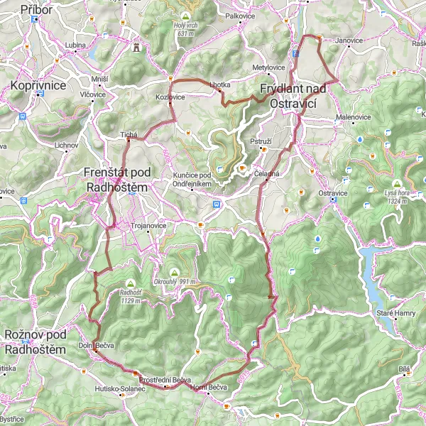 Miniaturní mapa "Gravelový okruh kolem Dolní Bečvy" inspirace pro cyklisty v oblasti Střední Morava, Czech Republic. Vytvořeno pomocí plánovače tras Tarmacs.app