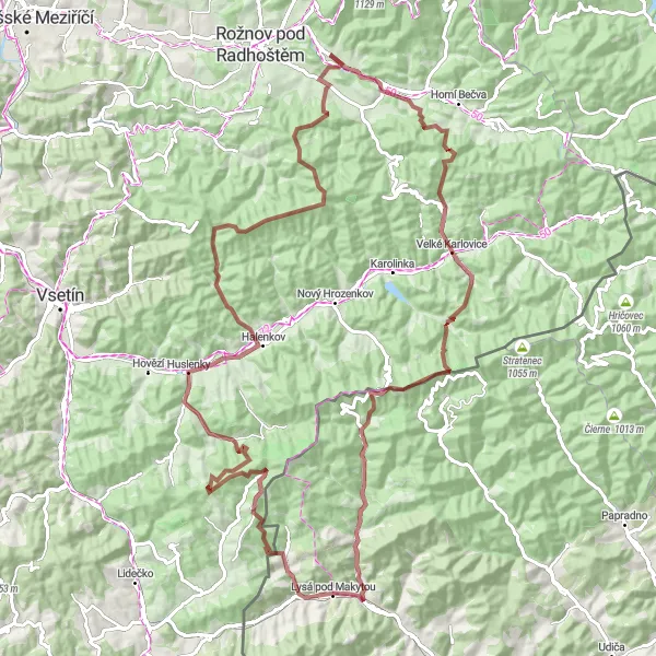 Mapa miniatúra "Významná gravelová trasa cez Beskydy až do Husleniec" cyklistická inšpirácia v Střední Morava, Czech Republic. Vygenerované cyklistickým plánovačom trás Tarmacs.app