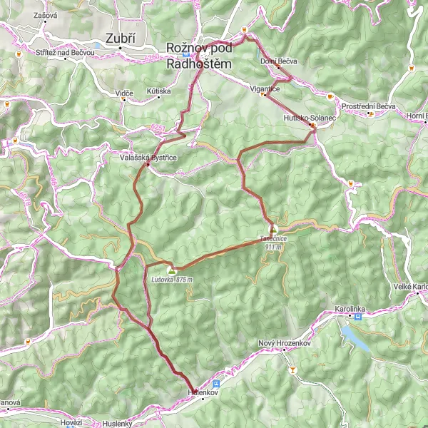 Mapa miniatúra "Gravelový výlet do Valašska" cyklistická inšpirácia v Střední Morava, Czech Republic. Vygenerované cyklistickým plánovačom trás Tarmacs.app