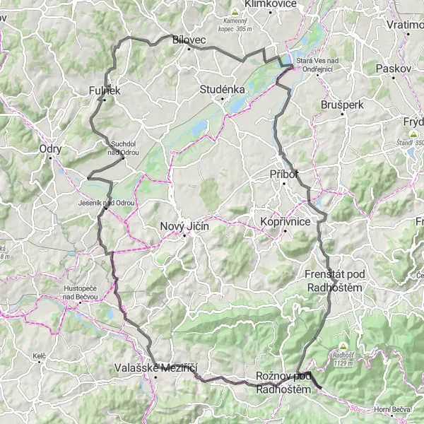 Map miniature of "Rožnov pod Radhoštěm and the Moravian Wall" cycling inspiration in Střední Morava, Czech Republic. Generated by Tarmacs.app cycling route planner