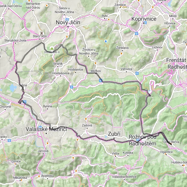 Miniaturní mapa "Okružní cyklistická trasa Dolní Bečva a okolí" inspirace pro cyklisty v oblasti Střední Morava, Czech Republic. Vytvořeno pomocí plánovače tras Tarmacs.app