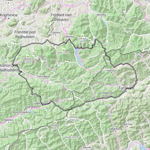 Miniaturní mapa "Kolem Beskydských kopců" inspirace pro cyklisty v oblasti Střední Morava, Czech Republic. Vytvořeno pomocí plánovače tras Tarmacs.app