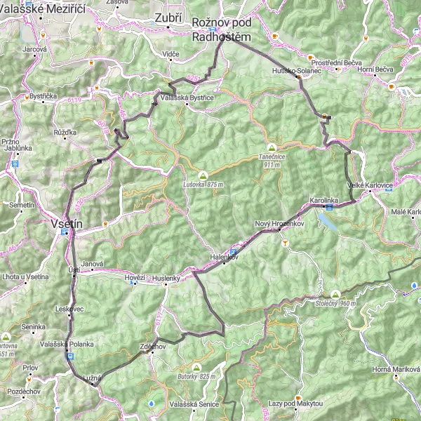 Map miniature of "Valleys and Hilltops of Valašsko" cycling inspiration in Střední Morava, Czech Republic. Generated by Tarmacs.app cycling route planner