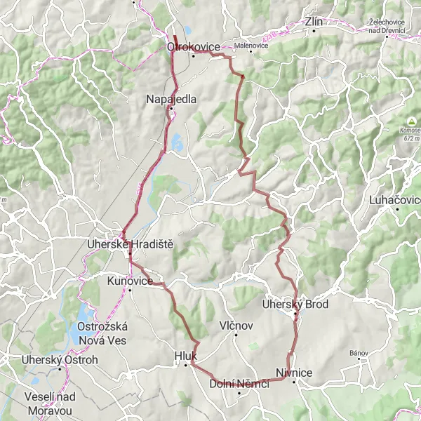 Miniaturní mapa "Výlet k Uherskému Hradišti a zpět" inspirace pro cyklisty v oblasti Střední Morava, Czech Republic. Vytvořeno pomocí plánovače tras Tarmacs.app