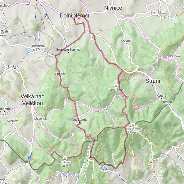 Mapa miniatúra "Trasa cez Horní a Dolní Němčí" cyklistická inšpirácia v Střední Morava, Czech Republic. Vygenerované cyklistickým plánovačom trás Tarmacs.app