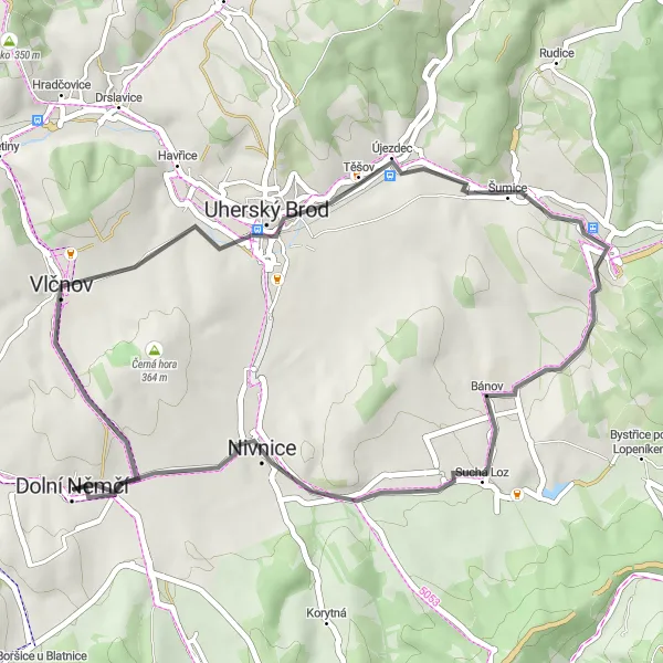 Miniatura mapy "Trasa do Vlčnov przez Starą Horę" - trasy rowerowej w Střední Morava, Czech Republic. Wygenerowane przez planer tras rowerowych Tarmacs.app