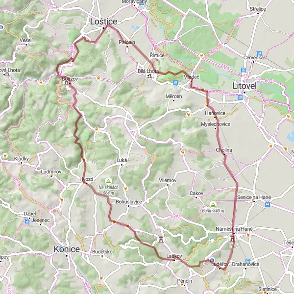 Miniaturní mapa "Gravel Drahanovice - Cholina Loop" inspirace pro cyklisty v oblasti Střední Morava, Czech Republic. Vytvořeno pomocí plánovače tras Tarmacs.app