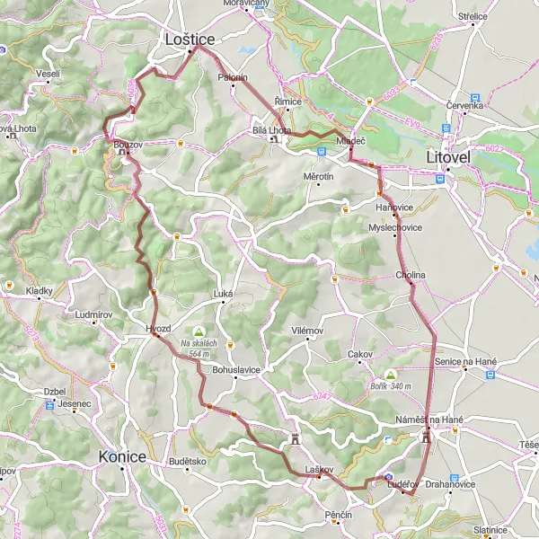 Mapa miniatúra "Prekvapivá cyklotrasa pri Drahanoviciach" cyklistická inšpirácia v Střední Morava, Czech Republic. Vygenerované cyklistickým plánovačom trás Tarmacs.app