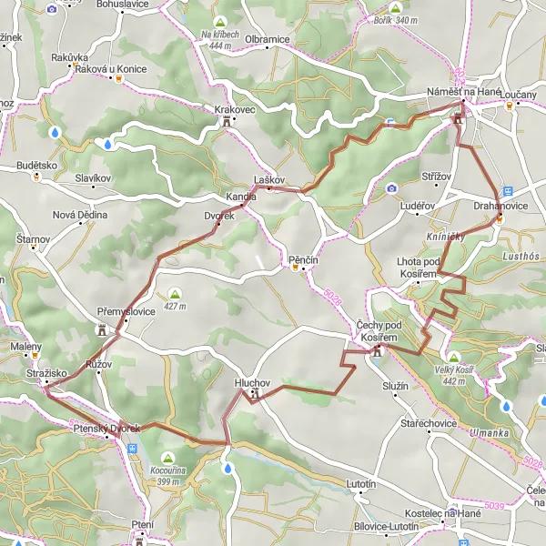 Miniaturní mapa "Gravel Drahanovice - Velký Kosíř Loop" inspirace pro cyklisty v oblasti Střední Morava, Czech Republic. Vytvořeno pomocí plánovače tras Tarmacs.app